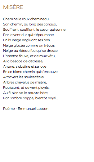 Misère Chemine le roux chemineau, Son chemin, au long des canaux, Souffrant, soufflant, le cœur qui sonne, Par le vent dur qui s’époumone. En la neige engluant ses pas, Neige glacée comme un trépas, Neige au rideau fou qui se dresse. L’homme fauve, et de roux vêtu, A la besace de détresse, Ahane, s’obstine et se love En ce blanc chemin qui s’ensauve A travers les saules têtus. Arbres chevelus de misère, Rouissant, et de vent ployés. Au fil s’en va le pauvre hère, Par l’ombre happé, bientôt noyé… Poéme - Emmanuel Looten