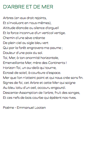 D’ARBRE ET DE MER Arbres (en eux droit rejoints, Et s’involuant en nous-mêmes), Altitude élancée au silence d’orgueil Et la force inconnue d’un vertical vertige. Chemin d’une sève créante De plein ciel au sigle bleu vert Qui par la forêt engravera ma paume ; Douleur d’une paix du sol. Toi, Mer, à ton anormité horizontale, Emerveillante Mer, mère des Continents ! Horizon-Toi, un au-delà qui tourne, Ecrasé de soleil, à courbure d’espace. Mer que l’on n’atteint point et qui nous crée sans fin. Signes de foi, cet Arbre et cette Mer qui saigne Au bleu laitu d’un oeil, accouru engourdi. Descente-Assomption de l’arbre, fruit des songes, Et ces nefs de bois courbe qui épèlent nos rives. Poéme - Emmanuel Looten
